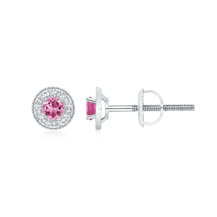 3.5mm AAA Pink Tourmaline Margarita Stud Earrings with Diamond Halo  in White Gold