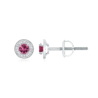 3.5mm AAAA Pink Tourmaline Margarita Stud Earrings with Diamond Halo  in White Gold