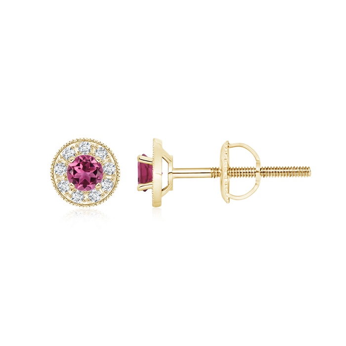 3.5mm AAAA Pink Tourmaline Margarita Stud Earrings with Diamond Halo  in Yellow Gold