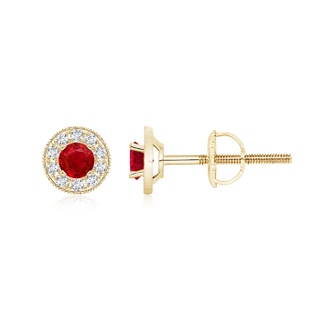 4mm AAA Ruby Margarita Stud Earrings with Diamond Halo in Yellow Gold