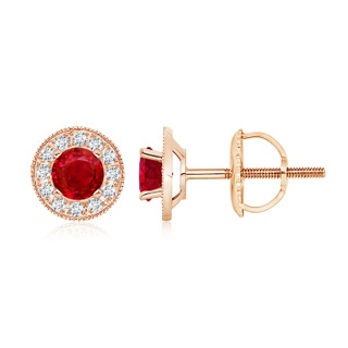 5mm AAA Ruby Margarita Stud Earrings with Diamond Halo in Rose Gold