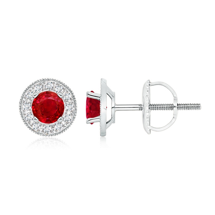 5mm AAA Ruby Margarita Stud Earrings with Diamond Halo in White Gold