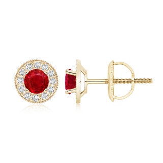 5mm AAA Ruby Margarita Stud Earrings with Diamond Halo in Yellow Gold