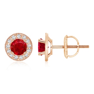 6mm AAA Ruby Margarita Stud Earrings with Diamond Halo in Rose Gold