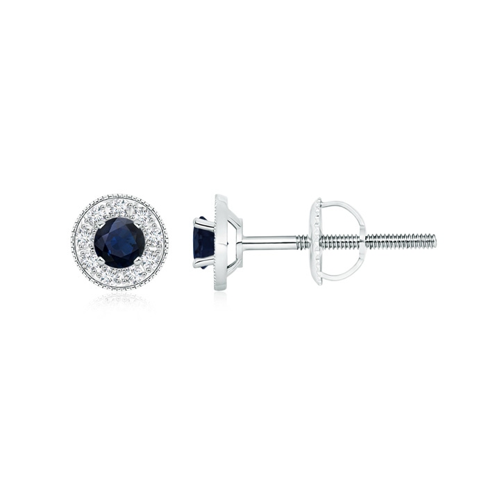 3.5mm A Blue Sapphire Margarita Stud Earrings with Diamond Halo  in White Gold 