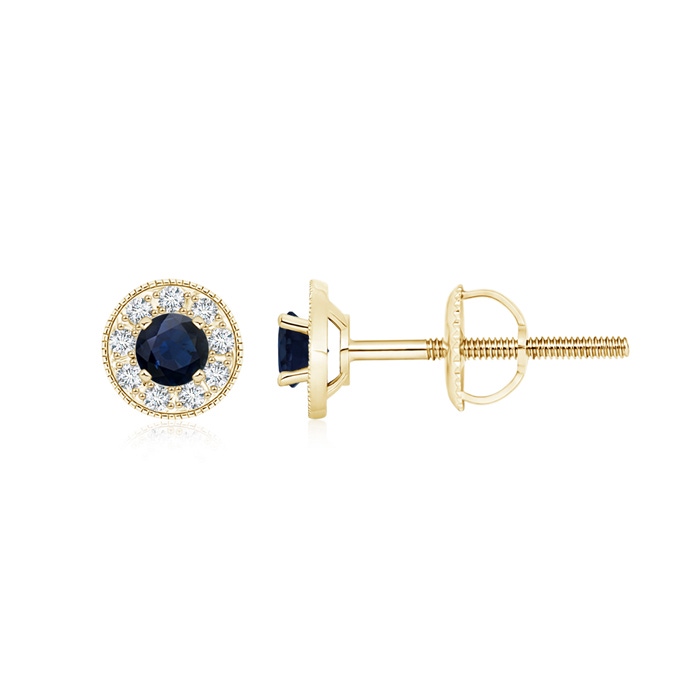 3.5mm A Blue Sapphire Margarita Stud Earrings with Diamond Halo  in Yellow Gold 