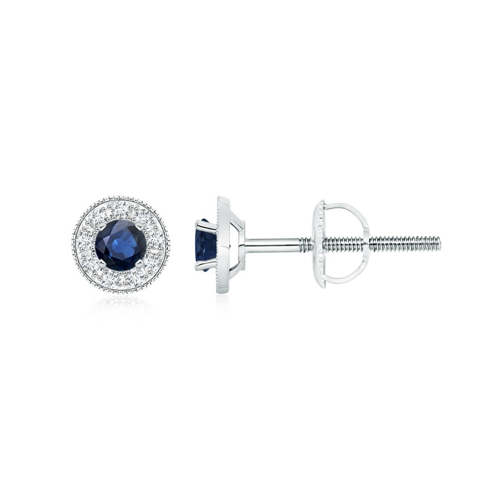 3.5mm AA Blue Sapphire Margarita Stud Earrings with Diamond Halo  in White Gold 