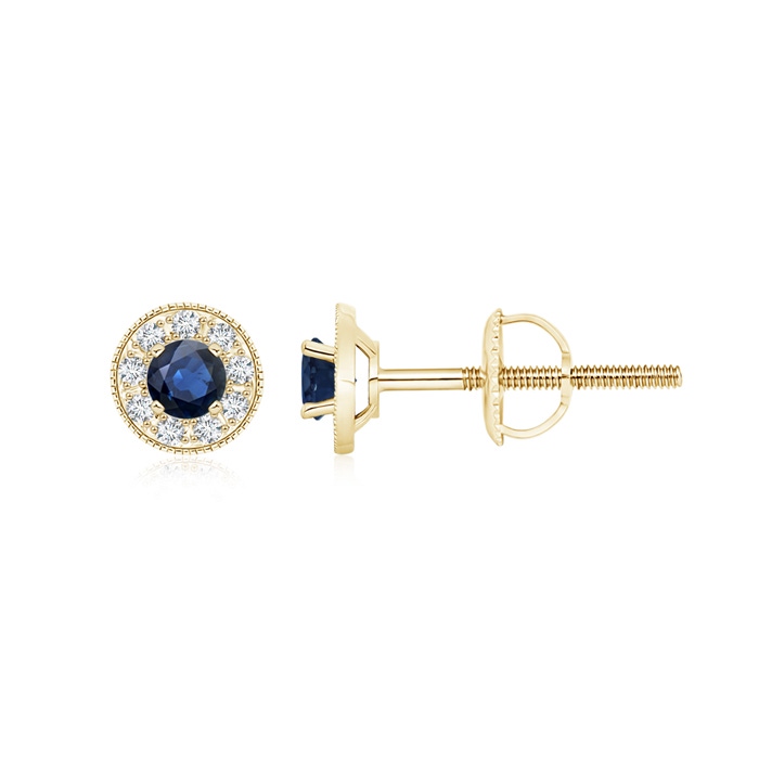 3.5mm AA Blue Sapphire Margarita Stud Earrings with Diamond Halo  in Yellow Gold 