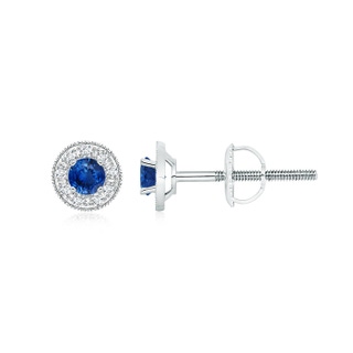 3.5mm AAA Blue Sapphire Margarita Stud Earrings with Diamond Halo  in 9K White Gold