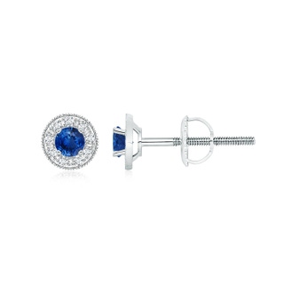 3.5mm AAA Blue Sapphire Margarita Stud Earrings with Diamond Halo  in White Gold