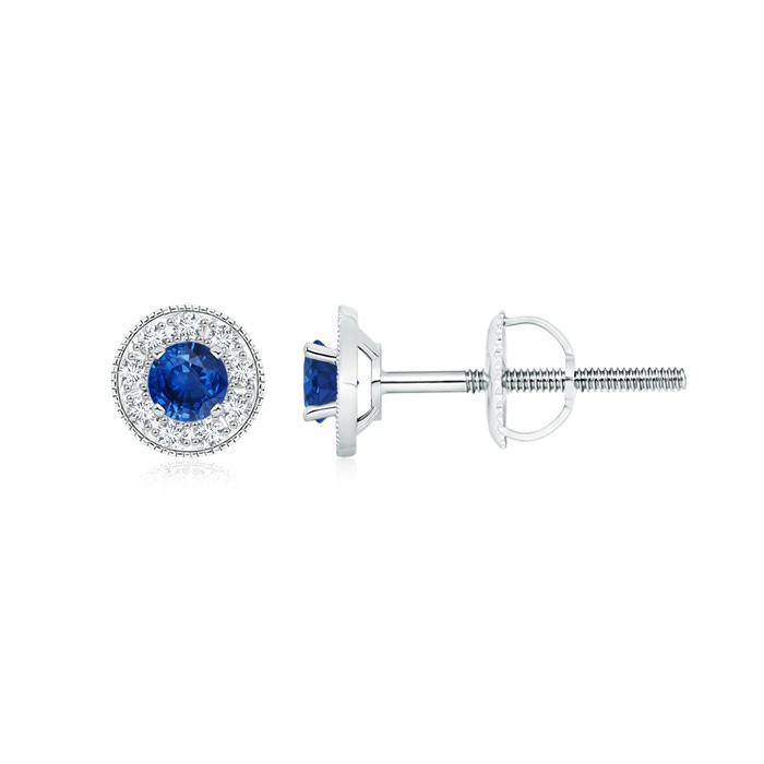 3.5mm AAA Blue Sapphire Margarita Stud Earrings with Diamond Halo  in White Gold 