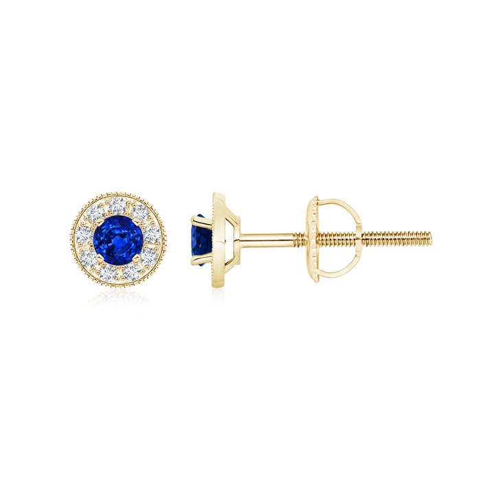 3.5mm AAAA Blue Sapphire Margarita Stud Earrings with Diamond Halo  in Yellow Gold 