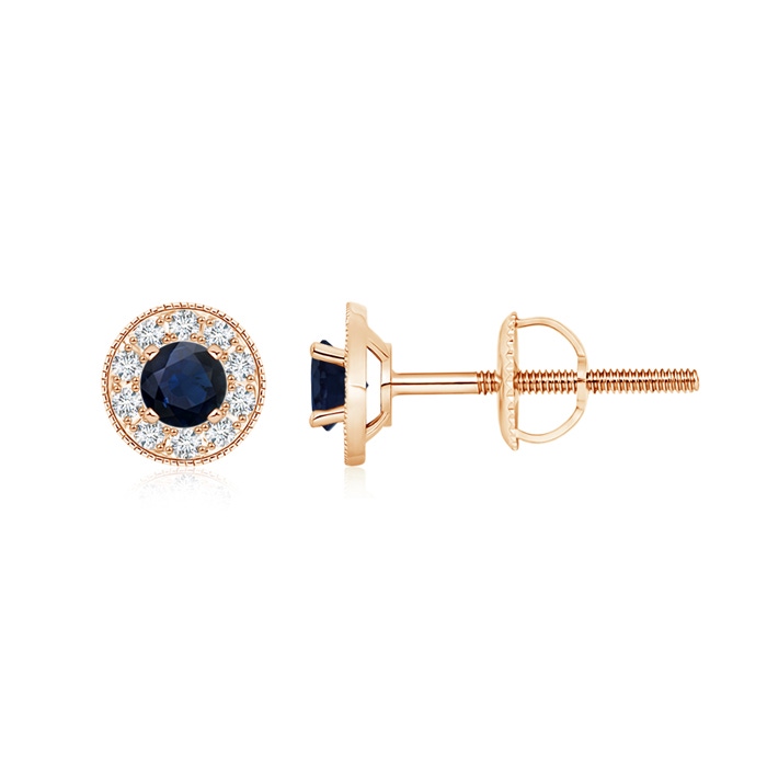 4mm A Blue Sapphire Margarita Stud Earrings with Diamond Halo  in Rose Gold 
