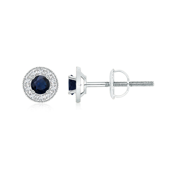 4mm A Blue Sapphire Margarita Stud Earrings with Diamond Halo  in White Gold 