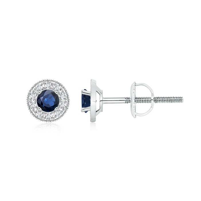 4mm AA Blue Sapphire Margarita Stud Earrings with Diamond Halo  in White Gold 