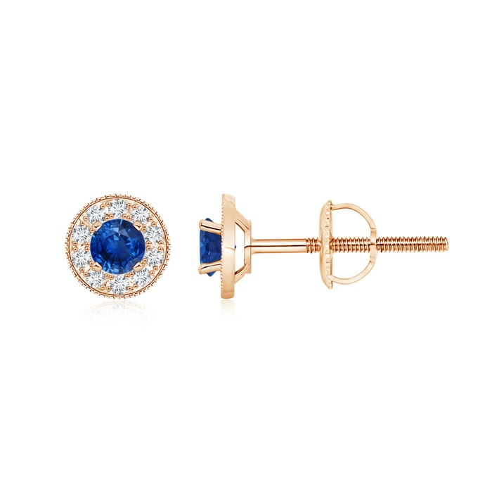 4mm AAA Blue Sapphire Margarita Stud Earrings with Diamond Halo  in Rose Gold 
