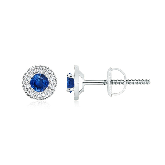 4mm AAA Blue Sapphire Margarita Stud Earrings with Diamond Halo  in White Gold 