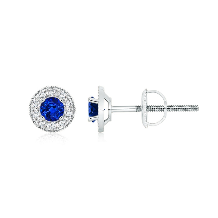 4mm AAAA Blue Sapphire Margarita Stud Earrings with Diamond Halo  in White Gold 