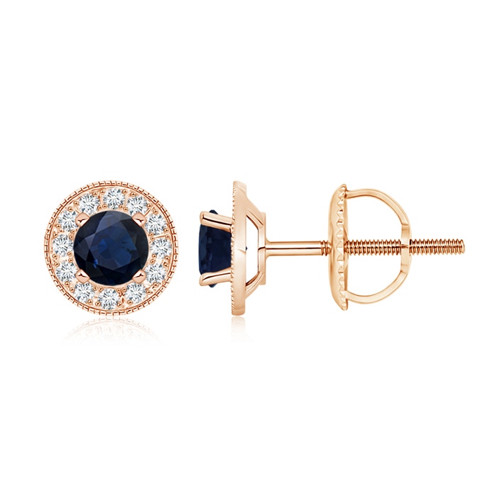 5mm A Blue Sapphire Margarita Stud Earrings with Diamond Halo  in Rose Gold 