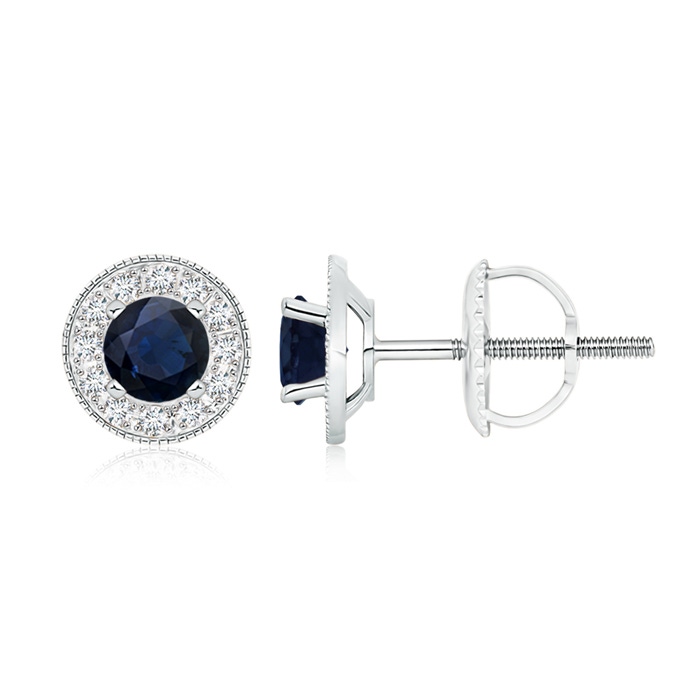 5mm A Blue Sapphire Margarita Stud Earrings with Diamond Halo  in White Gold 