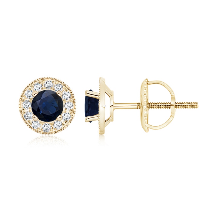 5mm A Blue Sapphire Margarita Stud Earrings with Diamond Halo  in Yellow Gold 