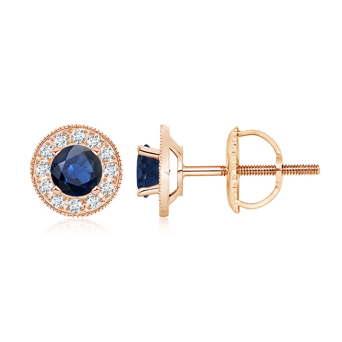 5mm AA Blue Sapphire Margarita Stud Earrings with Diamond Halo  in Rose Gold 
