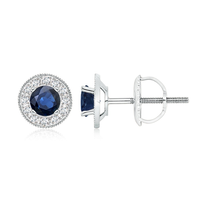 5mm AA Blue Sapphire Margarita Stud Earrings with Diamond Halo  in White Gold 