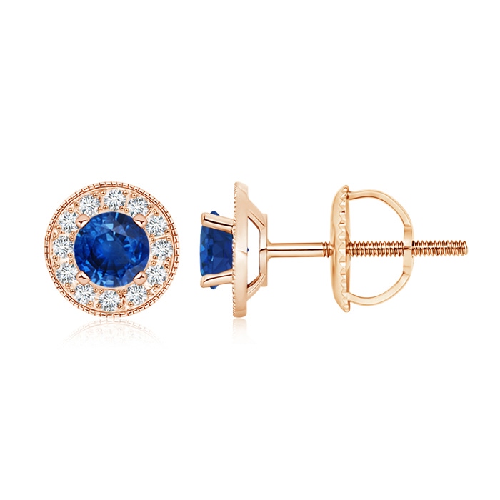 5mm AAA Blue Sapphire Margarita Stud Earrings with Diamond Halo  in Rose Gold 