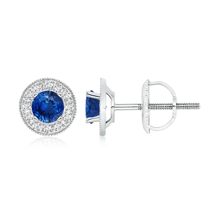5mm AAA Blue Sapphire Margarita Stud Earrings with Diamond Halo  in White Gold 
