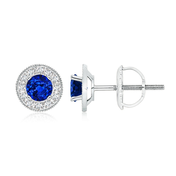 5mm AAAA Blue Sapphire Margarita Stud Earrings with Diamond Halo  in P950 Platinum 