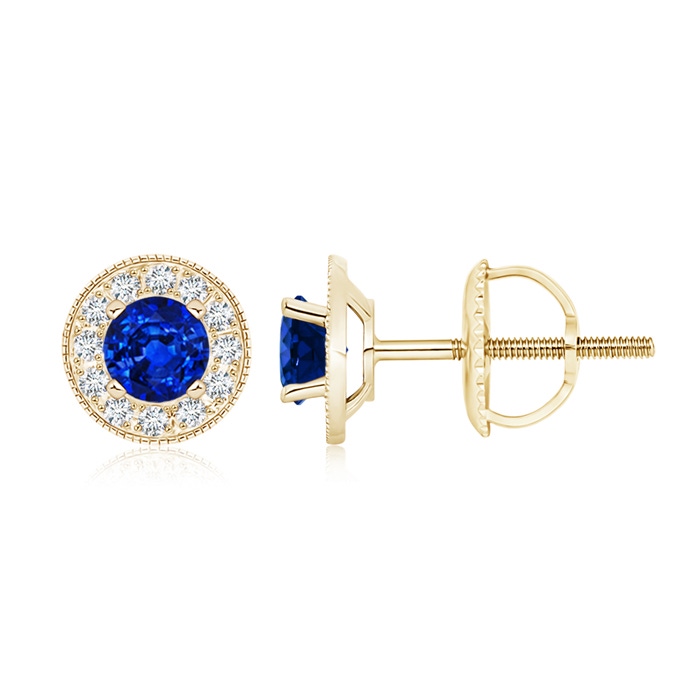 5mm AAAA Blue Sapphire Margarita Stud Earrings with Diamond Halo  in Yellow Gold 