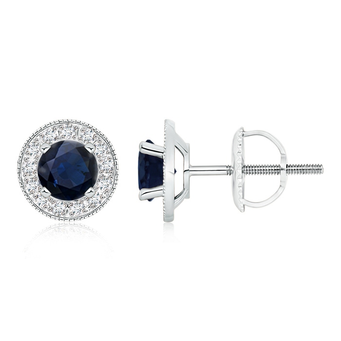 6mm A Blue Sapphire Margarita Stud Earrings with Diamond Halo  in White Gold 