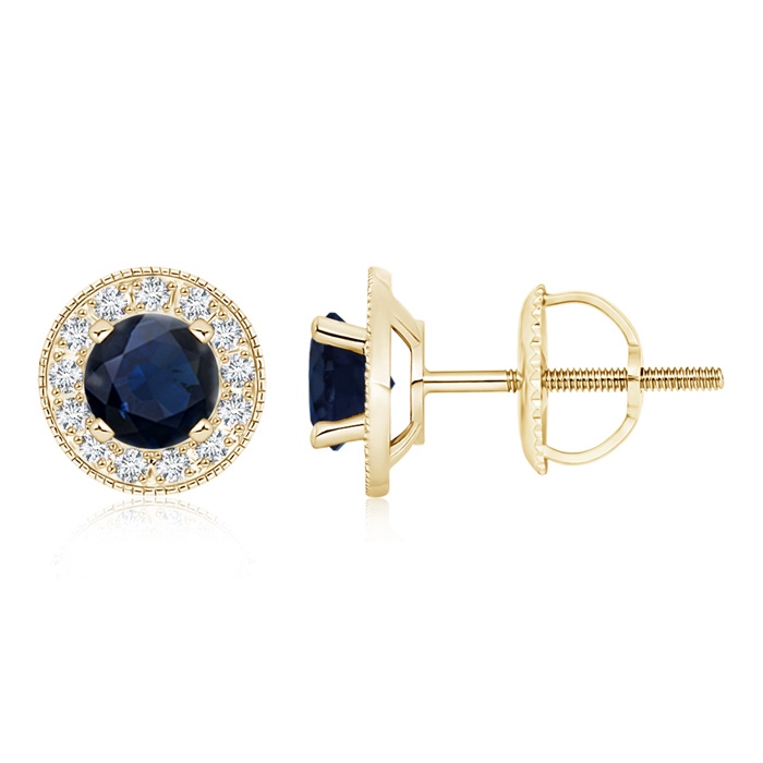 6mm A Blue Sapphire Margarita Stud Earrings with Diamond Halo  in Yellow Gold 