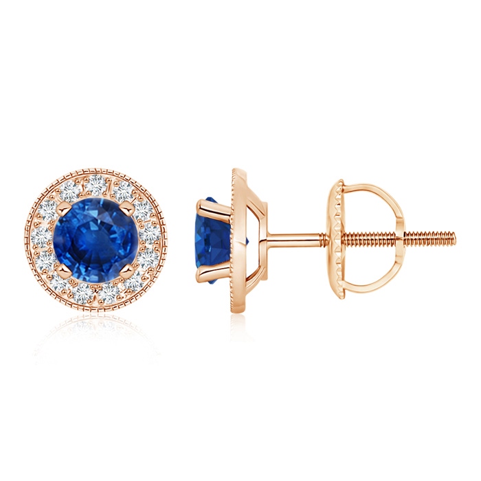 6mm AAA Blue Sapphire Margarita Stud Earrings with Diamond Halo  in Rose Gold 