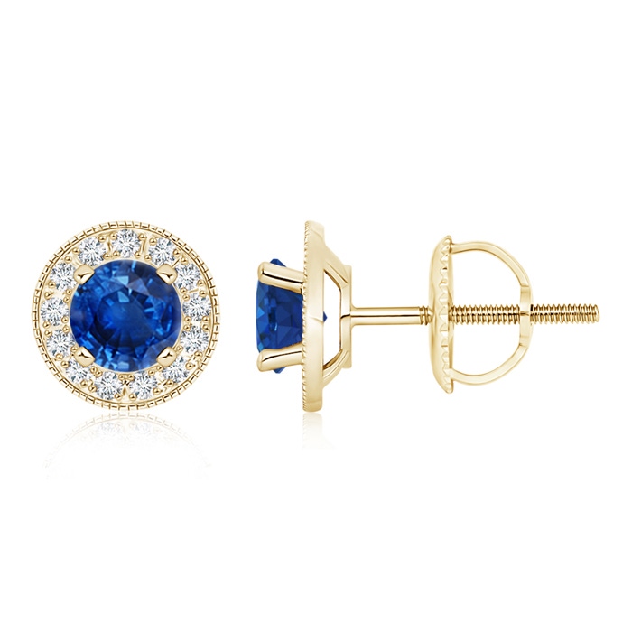 6mm AAA Blue Sapphire Margarita Stud Earrings with Diamond Halo  in Yellow Gold 