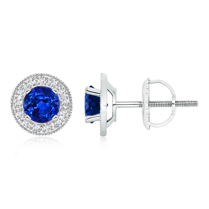 6mm AAAA Blue Sapphire Margarita Stud Earrings with Diamond Halo  in P950 Platinum 