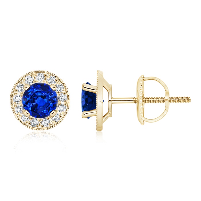 6mm AAAA Blue Sapphire Margarita Stud Earrings with Diamond Halo  in Yellow Gold 