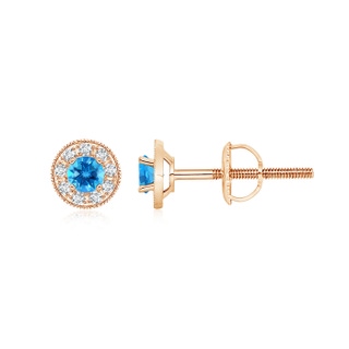 3.5mm AAAA Swiss Blue Topaz Margarita Stud Earrings with Diamond Halo in Rose Gold