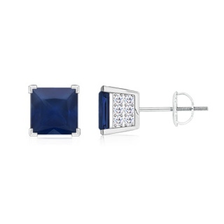 5mm A Square Blue Sapphire Stud Earrings with Diamond Accents in 9K White Gold