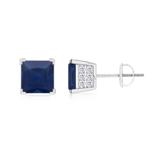 5mm A Square Blue Sapphire Stud Earrings with Diamond Accents in White Gold