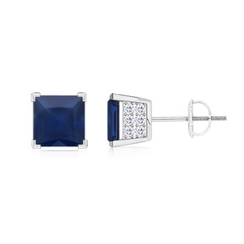 5mm A Square Blue Sapphire Stud Earrings with Diamond Accents in White Gold 