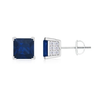 5mm AA Square Blue Sapphire Stud Earrings with Diamond Accents in White Gold