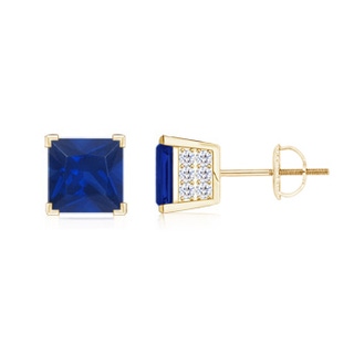 5mm AAA Square Blue Sapphire Stud Earrings with Diamond Accents in Yellow Gold