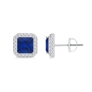 5mm AAA Vintage Style Square Sapphire Halo Stud Earrings in White Gold