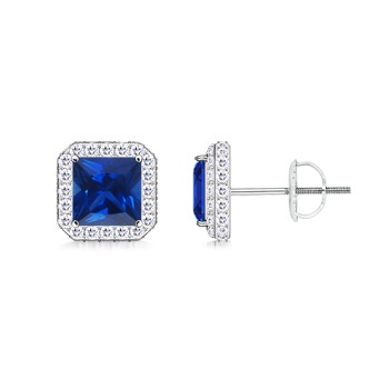 5mm AAAA Vintage Style Square Sapphire Halo Stud Earrings in P950 Platinum