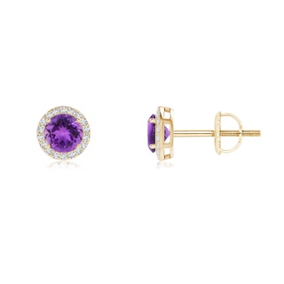 4mm AAA Vintage-Inspired Round Amethyst Halo Stud Earrings in Yellow Gold