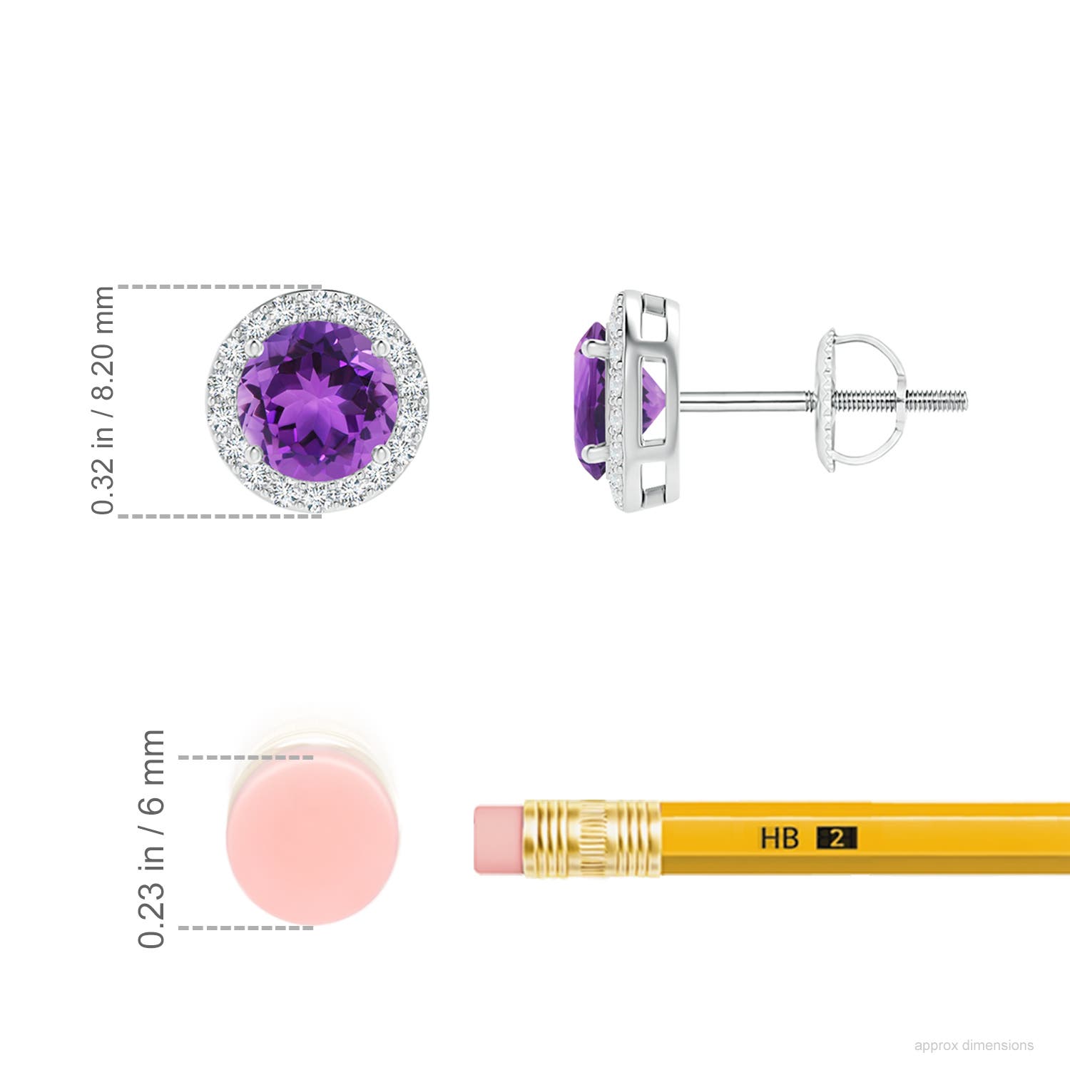 5mm AAA Vintage-Inspired Round Amethyst Halo Stud Earrings in White Gold - ruler