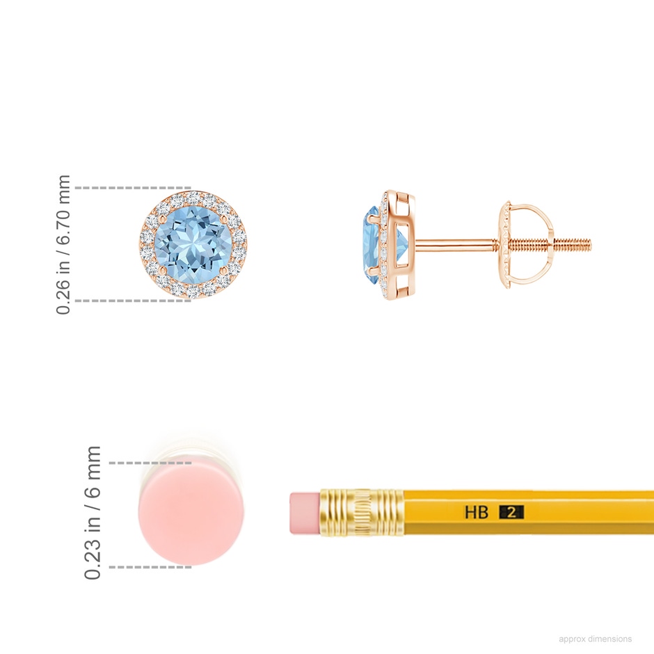 4mm AAA Vintage-Inspired Round Aquamarine Halo Stud Earrings in Rose Gold ruler