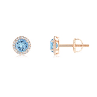 4mm AAAA Vintage-Inspired Round Aquamarine Halo Stud Earrings in 9K Rose Gold