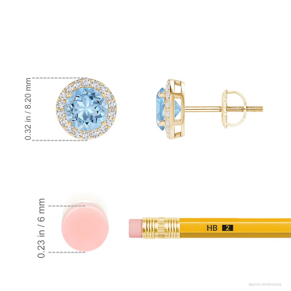 5mm AAA Vintage-Inspired Round Aquamarine Halo Stud Earrings in Yellow Gold ruler